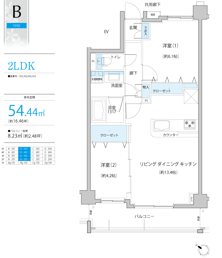 オルシア鶴瀬 B TYPE 2LDK 専有面積54.44㎡